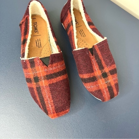 Toms Alpargata Red Plaid Buffalo Check Faux Sherling Sherpa Slip On Shoes Size 6 - Picture 5 of 14